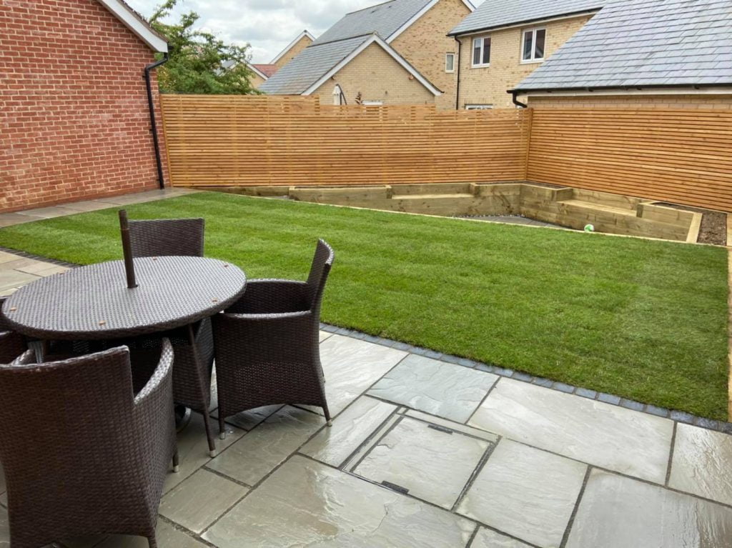 Fencing, plant bed, lawn and natural stone patio