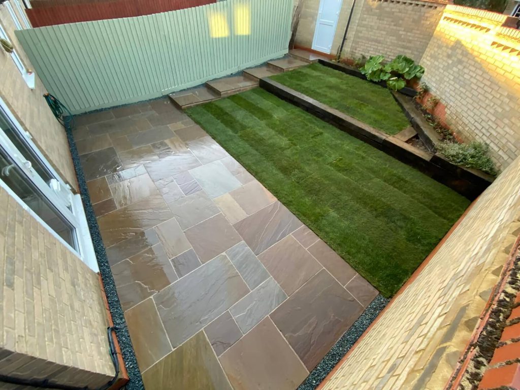 Natural stone patio and lawn